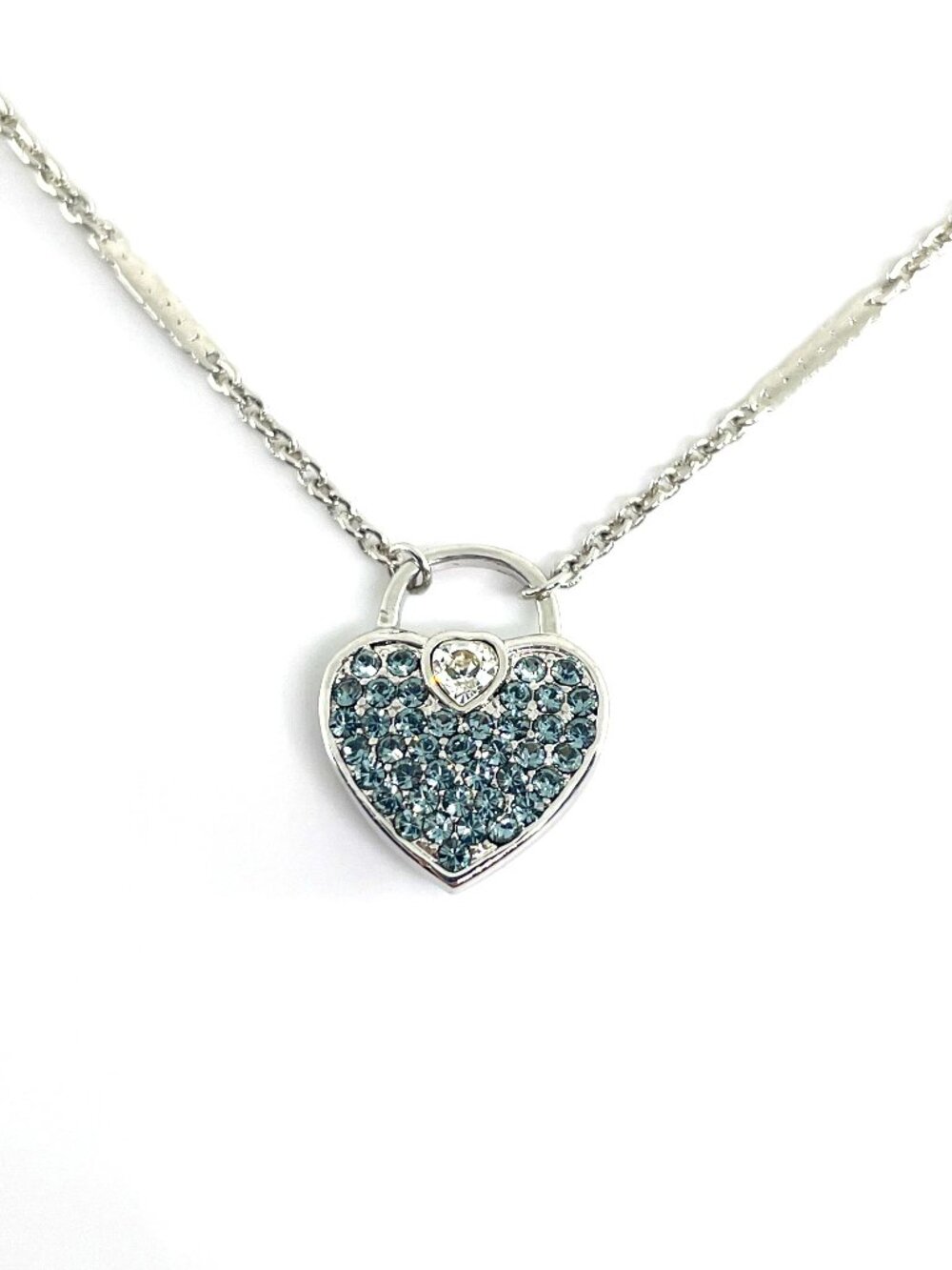 Heart Lock Pendant Necklace with Aquamarine Austrian Crystals, 17"